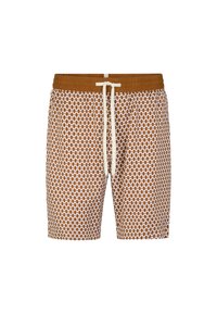 Pantaloni corti a motivi marroni e bianchi con vita elasticizzata e laccio bianco legato al centro davanti.