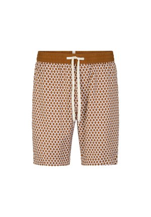 Bruine en witte gestreepte shorts met elastische tailleband en een witte trekband middenvoor.