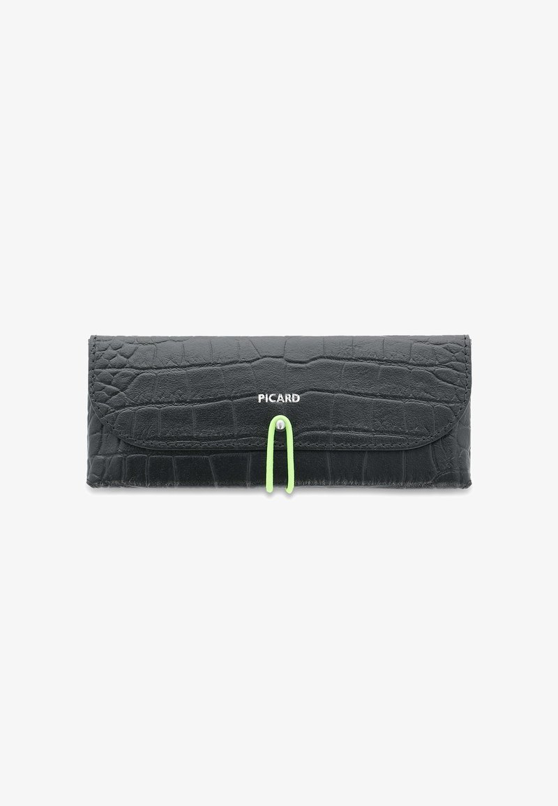 Black textured leather wallet with green clasp loop and white "PICARD" logo centered on the front flap.