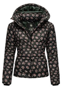 Černá prošívaná bunda s květinovým vzorem v růžové a bílé barvě, s kapucí, zipovým zapínáním a elastickými manžetami. Podšitá zelenou látkou.