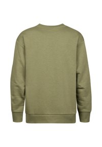 Olijfgroene sweatshirt met een ronde hals, ribbelmanchetten en -zoom, met een soepele textuur en een ruime pasvorm, gezien vanaf de achterkant.
