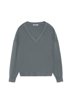 Hosszú ujjú szürke kötött pulóver mély V-nyakkivágással, bordázott mandzsettákkal, szegéllyel és nyakkivágással.