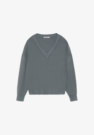 Hosszú ujjú szürke kötött pulóver mély V-nyakkivágással, bordázott mandzsettákkal, szegéllyel és nyakkivágással.