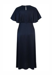 Dunkelblaues Kleid mit flatternden Ärmeln, einem Schlitz im Rücken und einem fließenden Rock. Hergestellt aus glattem Stoff mit einem subtilen Glanz.