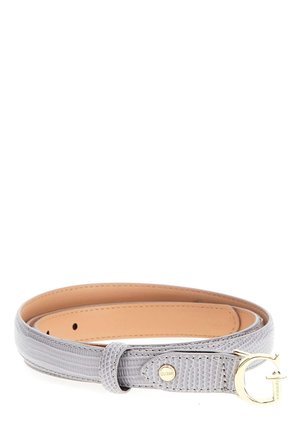 Cintura in pelle grigia con texture, dotata di una fibbia in tono oro e logo del marchio, con foderatura liscia in tan e lunghezza regolabile con più fori.