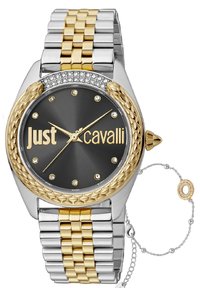 Srebrno i zlatno-tonski metalni ručni sat s crnim brojčanikom, kristalnim detaljima te teksturiranim zlatnim okvirom s oznakom "Just Cavalli".