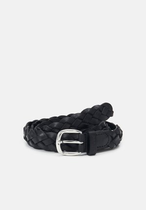 Black braided leather belt with silver metal buckle, coiled on a plain white background.