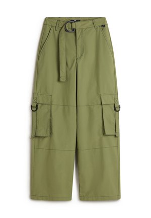 Olive green cargo pants with a wide silhouette, featuring a belted waist, multiple pockets, and stitched accents. Made from lightweight fabric.