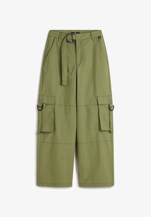 Olive green cargo pants with a wide silhouette, featuring a belted waist, multiple pockets, and stitched accents. Made from lightweight fabric.