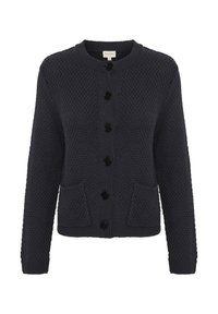 Musta harmaa neulecardigan, jossa on pyöreä kaula-aukko, nappilukitus, kaksi etutaskua ja röpelöinen kangas. Varustettu mustilla napeilla ja reunapitsikäänteillä.