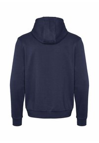 Sudadera azul marino con cordón y bolsillo tipo canguro. Presenta puños y dobladillo acanalados. Tejido suave con una textura lisa. Vista trasera.