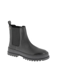 Botas Chelsea de cuero negro con una superficie texturizada, paneles laterales elásticos y una suela de goma robusta. Altura hasta el tobillo con una lengüeta.