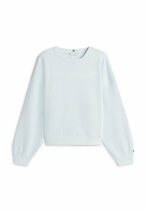 Hellblaues Sweatshirt mit langen Ärmeln, gerippten Bündchen und Saum, mit dem Schriftzug "Tommy Hilfiger Est. 1985" auf der Brust.