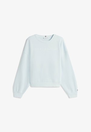 Lichtblauwe sweatshirt met lange mouwen, geribbelde manchetten en zoom, met de tekst "Tommy Hilfiger Est. 1985" over de borst.