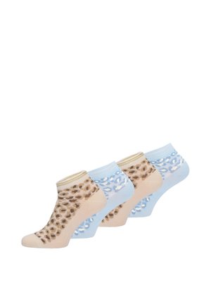 Deux paires de chaussettes courtes, une beige et une bleu clair, toutes deux avec un motif léopard, disposées côte à côte.