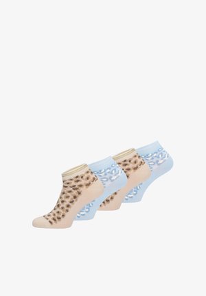 Deux paires de chaussettes courtes, une beige et une bleu clair, toutes deux avec un motif léopard, disposées côte à côte.