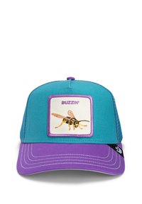 Blue and purple cap featuring a square embroidered patch of a bee and "BUZZIN" text above it. Structured design with contrasting colors and stitching.