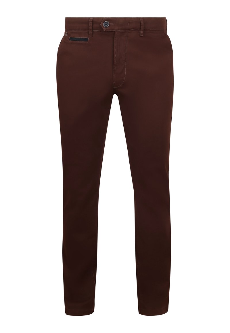 Braune Chinos mit glatter Textur, ausgestattet mit einer Vordertasche, einer Reißverschlusstasche an der Seite und einem Knopfverschluss an der Taille.