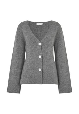 Grauer, gestrickter Cardigan mit tiefem V-Ausschnitt, fünf weißen Knöpfen und weiten Ärmeln, versehen mit einem Peplum-Design und weichem Material.