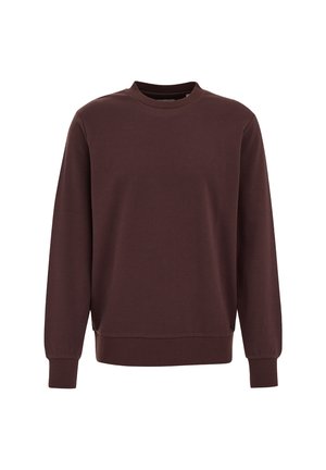 Bordová mikina s kulatým výstřihem, dlouhými rukávy a ribbovanými manžetami, vyrobená z měkké látky, s minimalistickým designem.