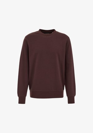 Burgundi színű pulóver kerek nyakkal, hosszú ujjakkal és bordázott mandzsettákkal, puha anyagból készült, minimalista dizájnnal.