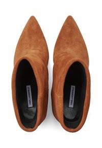 Stivaletti in camoscio marrone alla caviglia con punta affilata, texture morbida e fodera interna nera. Caratterizzati da un design elegante e un tacco liscio.