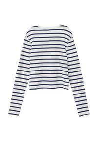 Langärmeliges Cropped-Top in Weiß mit navyblauen horizontalen Streifen. Besitzt eine gerippte Textur und einen abgerundeten Halsausschnitt.