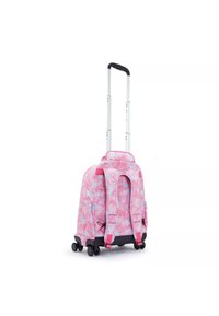 Zaino con rotelle in morbido tessuto rosa chiaro con motivo a nuvole, manico retrattile e quattro ruote per la mobilità. Due spallacci imbottiti.
