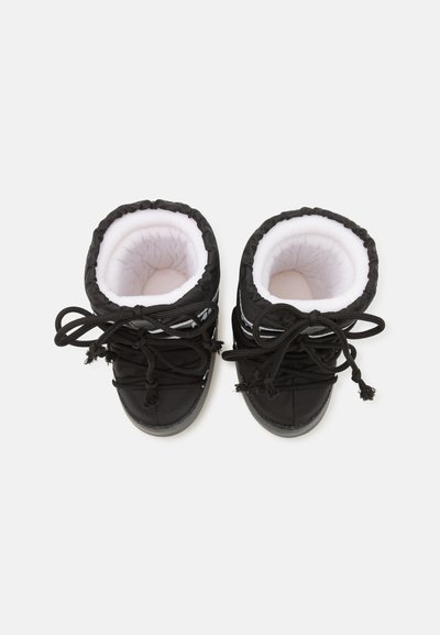 Black insulated ankle boots with a textured finish, white faux fur lining, black laces, and a rounded toe design.