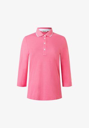 Růžové dámské polo tričko s tříčtvrtečními rukávy, límečkem s bílým lemem a čtyřmi knoflíky.
