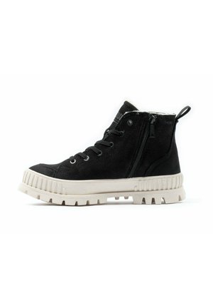 Sorte høyhælte sneakers med teksturert overdel, hvit gummisåle, snøring foran og glidelåsdetalj på siden. Har en polstret krage for komfort.