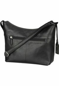 Schwarze Leder-Schultertasche mit einer strukturierten Oberfläche, ausgestattet mit einem Reißverschluss, zwei Fronttaschen und einem verstellbaren Schultergurt.