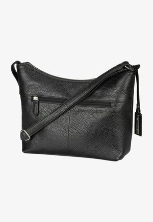 Sac à bandoulière en cuir noir avec une texture granuleuse, doté d'une fermeture éclair, de deux poches avant et d'une bandoulière réglable.