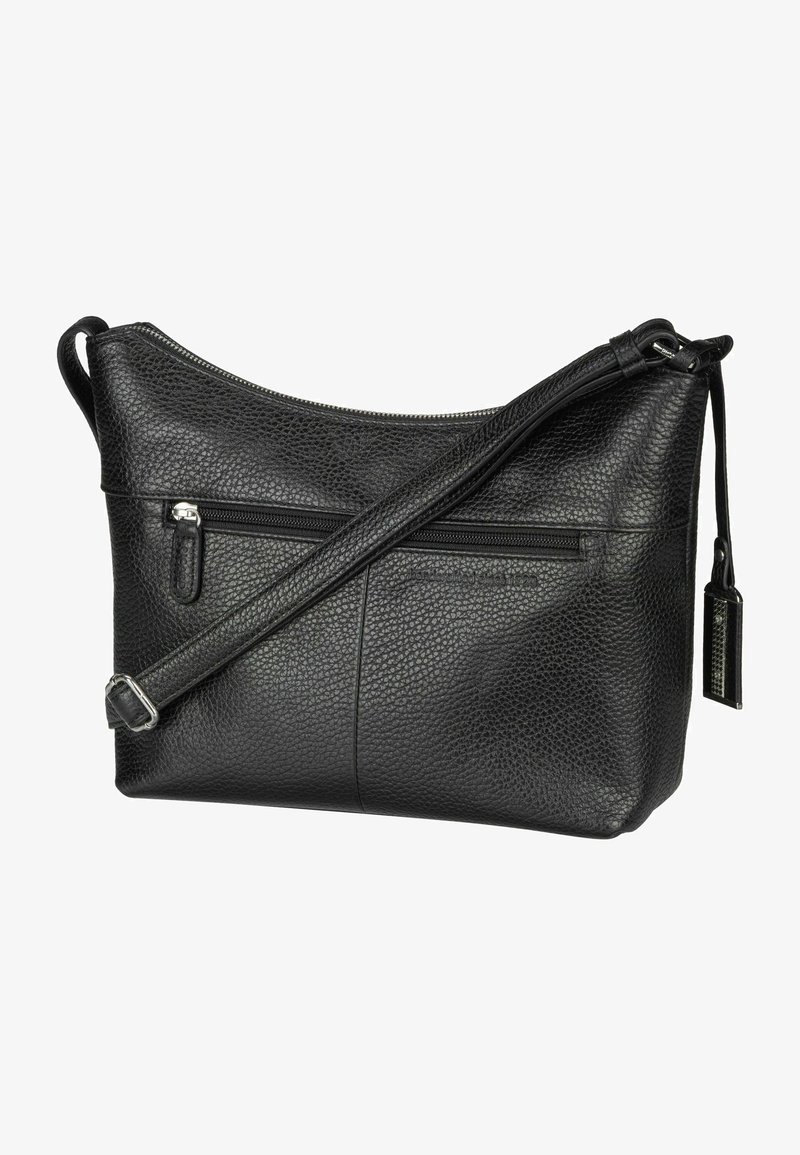 Borsa a tracolla in pelle nera con una texture granulosa, dotata di chiusura con zip, due tasche frontali e spallaccio regolabile.