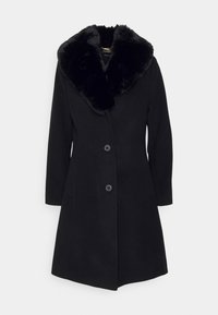 Černý kabát s límcem z umělé kožešiny, s přiléhavým střihem, dlouhými rukávy a dvěma předními knoflíky. Hladká textura a délka až ke kolenům.