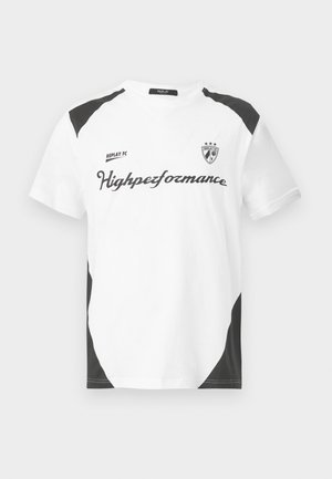 White short-sleeve t-shirt with black accents. Features "REPLAY FC" logo and "Highpeformance" text in a sporty font. Made from a smooth material.
