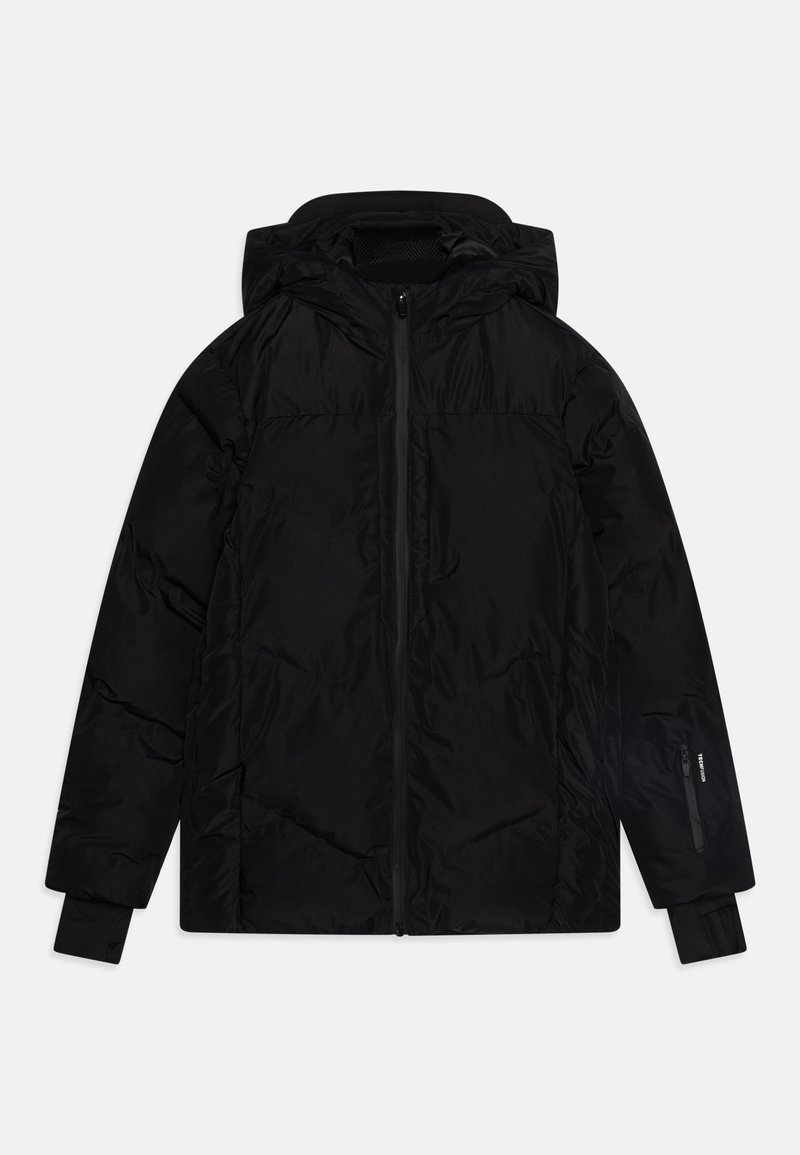 Casaco acolchoado preto com fecho de correr, capuz ajustável e punhos canelados; feito de tecido liso e isolante, com bolso lateral.