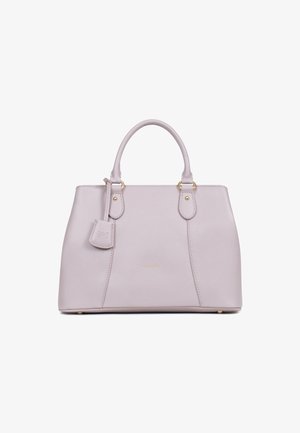 Licht lavendelkleurige handtas van gestructureerd leer, met twee bovenhandvatten, gouden hardware accenten en een afneembare logo-tag.