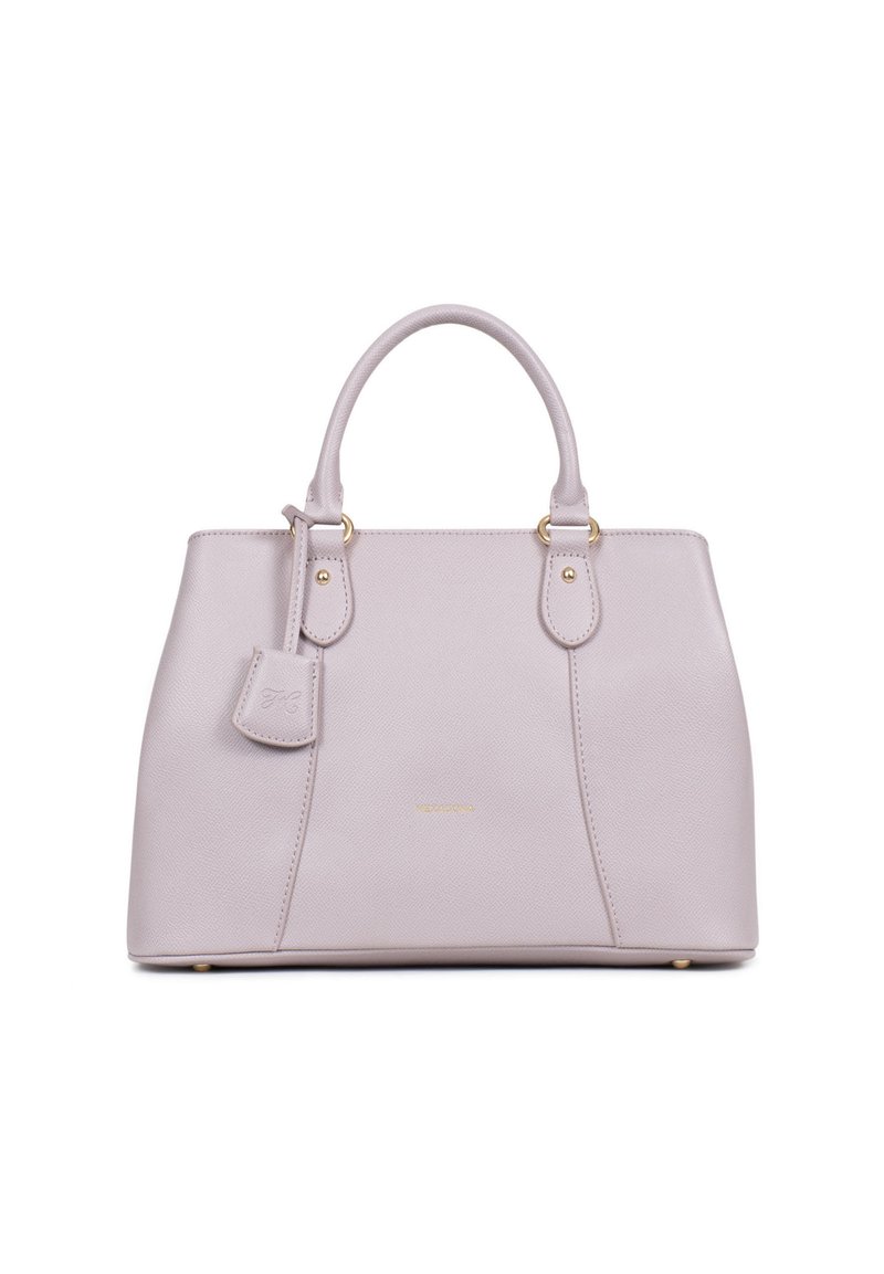 Borsa a mano lilla chiaro realizzata in pelle testurizzata, con due manici superiori, dettagli in metallo dorato e un'etichetta logo rimovibile.