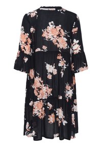 Robe noire jusqu'aux genoux avec des motifs floraux pêches et blancs, coupe ample, et manches 3/4 avec des poignets volantés.