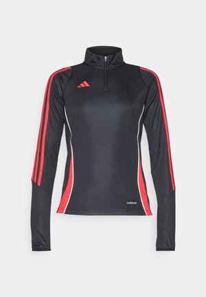 Black long-sleeve athletic top with red side stripes, half-zip collar, and white accents. "AEROREADY" label at the hem.
