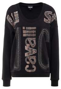 Sudadera negra con escote amplio, decorada con texto y diseños de tachuelas metálicas en plata y oro rosa. Puños y dobladillo de canalé.