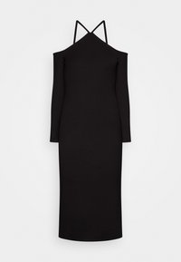 Vestido preto de mangas longas com design à mostra os ombros e finas alças entrelaçadas. Feito de tecido canelado, apresenta uma silhueta ajustada.