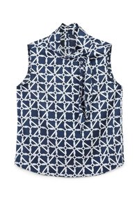 Blusa senza maniche blu navy con un alto collo, caratterizzata da un motivo geometrico a cerchi bianchi e un accento con drappeggio a cravatta sul collo.