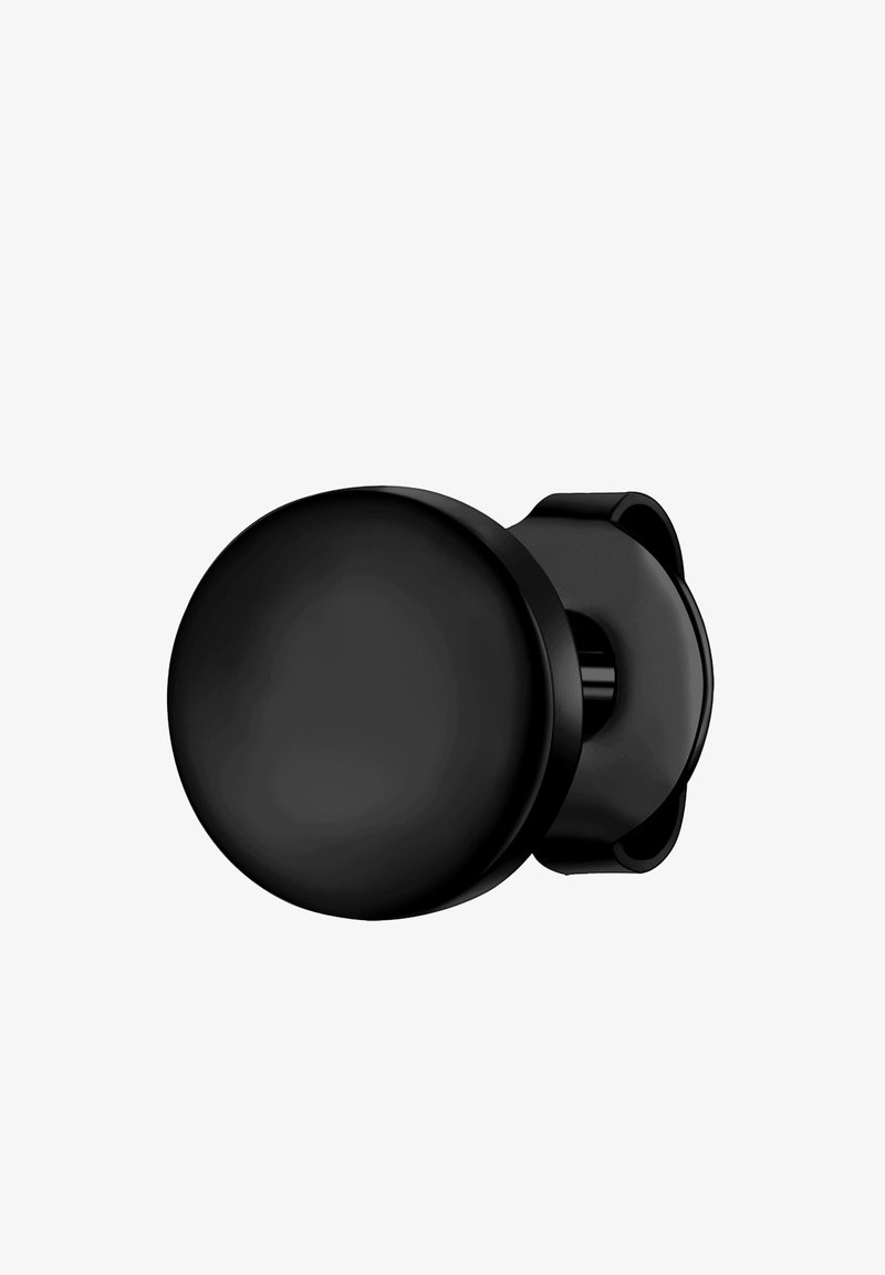 Juodas apvalus durų rankenėlė su lygiu paviršiumi, turinti cilindro formos bazę ir paprastą, modernų dizainą. Nėra matomų raštų ar tvirtinimo detalžių.