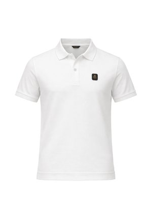 Polo bianca a maniche corte con abbottonatura a due bottoni e piccola toppa con logo nero sul petto sinistro.