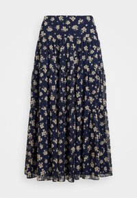 Gonna maxi floreale blu navy con design a strati, tessuto morbido e motivi floreali beige su tutta la superficie. Vita elasticizzata per il comfort.