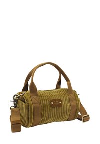 Sac en velours côtelé vert avec poignées en tissu marron, bandoulière, fermeture zippée et plaque de logo. Surface texturée avec des rainures verticales.
