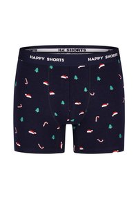 Marineblauwe boxershorts van katoen, met een feestelijk patroon van rode kerstmanhoeden, groene kerstbomen en zuurstokken.