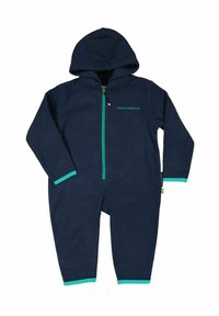 Mörkblå fleeceheldress med huva, grön dragkedja och mudd. Har en logotyp på bröstet och accentfärgad trim vid muddar och vristhöljen.